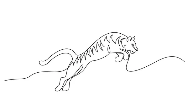 Dibujo continuo de una línea. Tigre salto símbolo . — Vector de stock