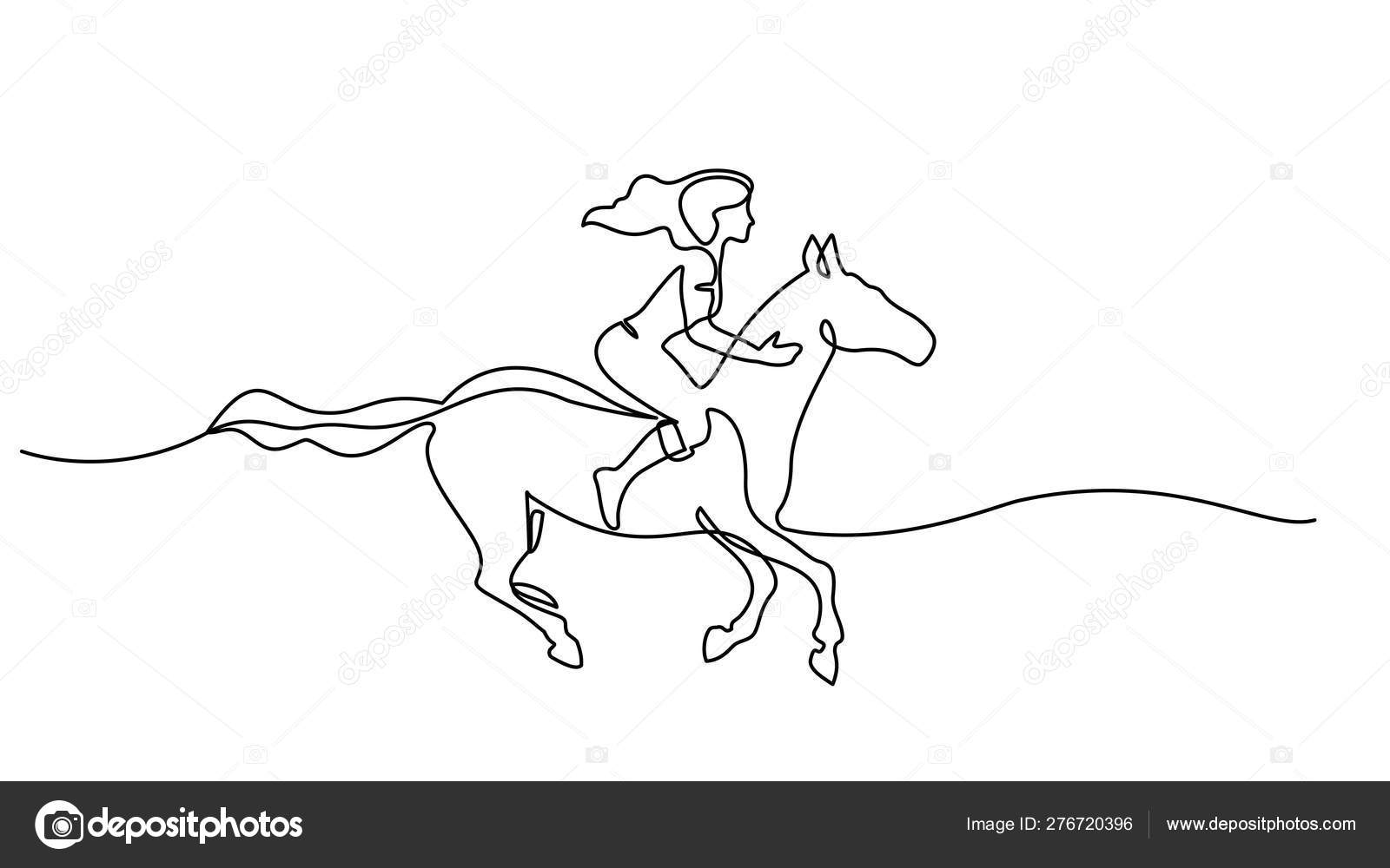 En strek tegning. kvinne som rir en hest stockvektor © Valenty #276720396, image size:1600x1000