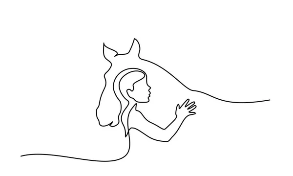 Un dibujo de línea. Logo Cabezas de caballo y mujer — Archivo Imágenes Vectoriales