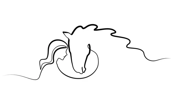 Un dessin de ligne. Cheval et femme têtes logo — Image vectorielle