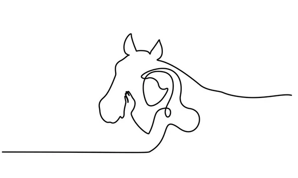 Un dibujo de línea. Logo Cabezas de caballo y mujer — Vector de stock