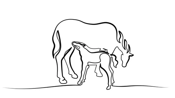Ένα σχέδιο γραμμής. Το άλογο ταΐζει το μικρό πουλάρι — Διανυσματικό Αρχείο