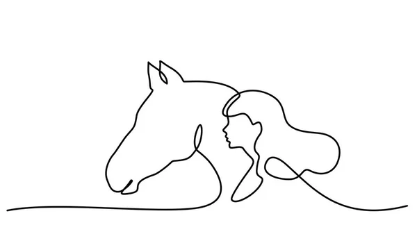 Un dessin de ligne. Cheval et femme têtes logo — Image vectorielle