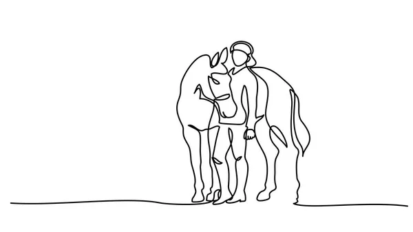 1 本の線画。女性は馬と一緒にとどまる — ストックベクタ