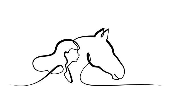 Un dibujo de línea. Logo Cabezas de caballo y mujer — Vector de stock