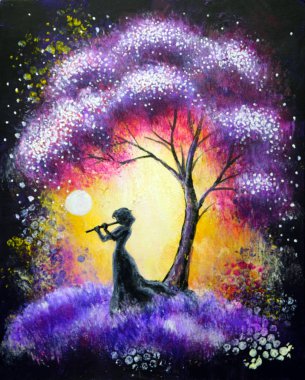 Картина, постер, плакат, фотообои "пейзаж живописи маслом, абстрактное красочное фиолетовое дерево картина художники", артикул 281632286