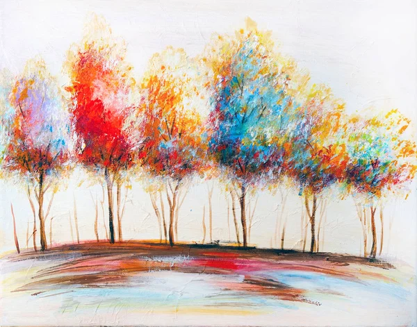 Pittura ad olio paesaggio, astratto alberi d'oro colorati — Foto Stock