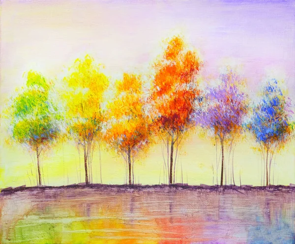 Oil painting landscape, abstract colorful gold trees