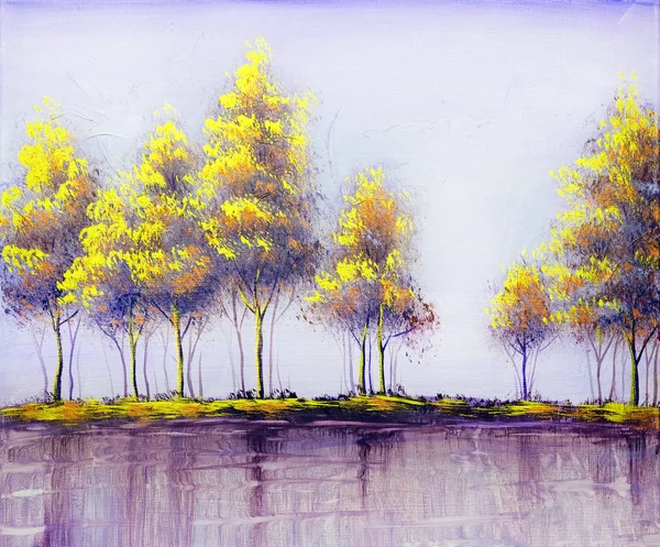 Oil painting landscape, abstract colorful gold trees — Stock Photo, Image
