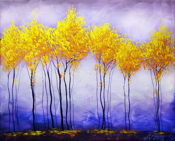 Oil painting landscape, abstract colorful gold trees — Stock Photo, Image
