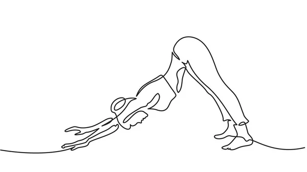 Satu garis gambar. Wanita yang berpose anjing yoga - Stok Vektor
