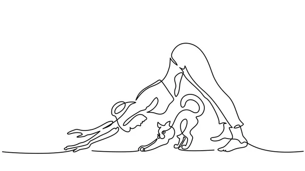Uma linha de desenho. Mulher fazendo ioga cão pose — Vetor de Stock