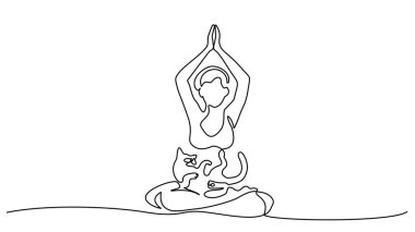 Bir çizgi çizimi. Kedi ile yoga yapan kadın