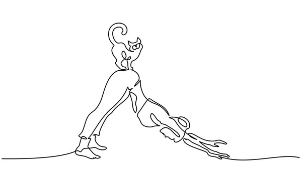En linje ritning. Kvinna som gör yoga med katt — Stock vektor