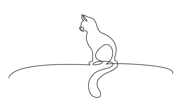 １本の線画。猫はカールテールで座っている — ストックベクタ