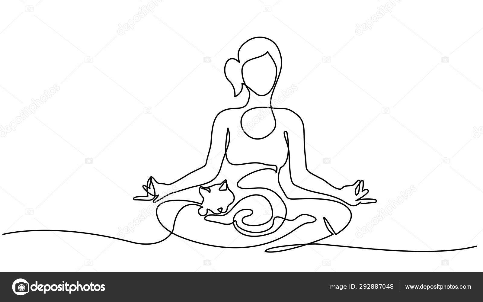 Un Dessin De Ligne Femme Faisant Du Yoga Avec Chat Image Vectorielle Par Valenty C Illustration