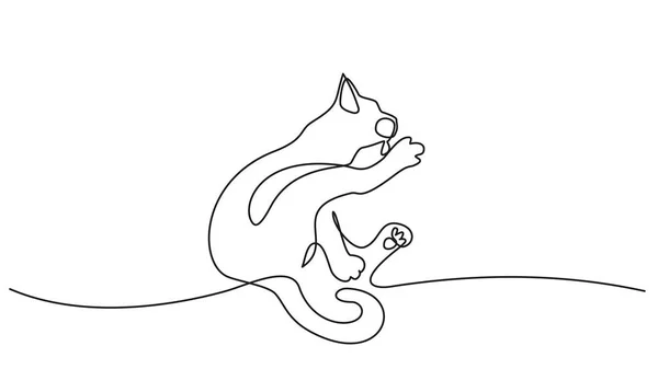 Kot siedzący i czyszczący rysunek linii Paw — Wektor stockowy