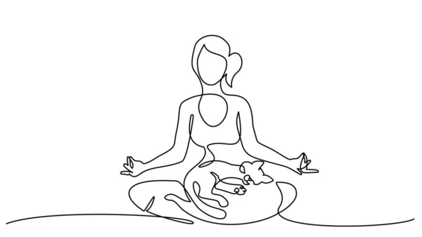 Un dibujo de línea. Mujer haciendo yoga con gato — Archivo Imágenes Vectoriales