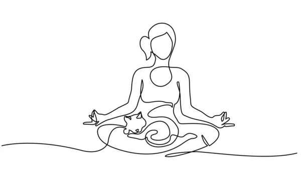 Un dibujo de línea. Mujer haciendo yoga con gato — Archivo Imágenes Vectoriales