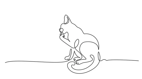 Gato sentado y limpieza pata línea dibujo — Archivo Imágenes Vectoriales