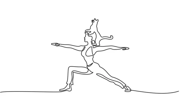 Un disegno a linee. Donna che fa yoga con gatto — Vettoriale Stock