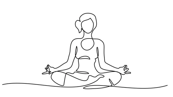 Rysunek linii kobieta siedzi krzyż nogi medytowanie — Wektor stockowy