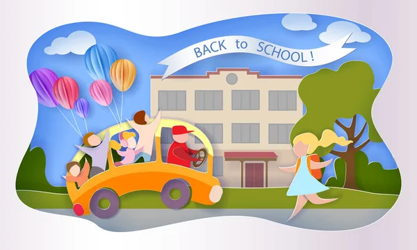 Okula geri dön 1 Eylül kartı. Otobüsteki çocuklar — Stok Vektör