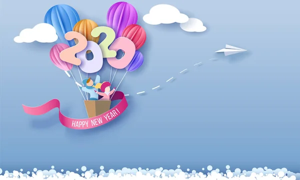 2020 nytt år design kort med Kids Flying — Stock vektor
