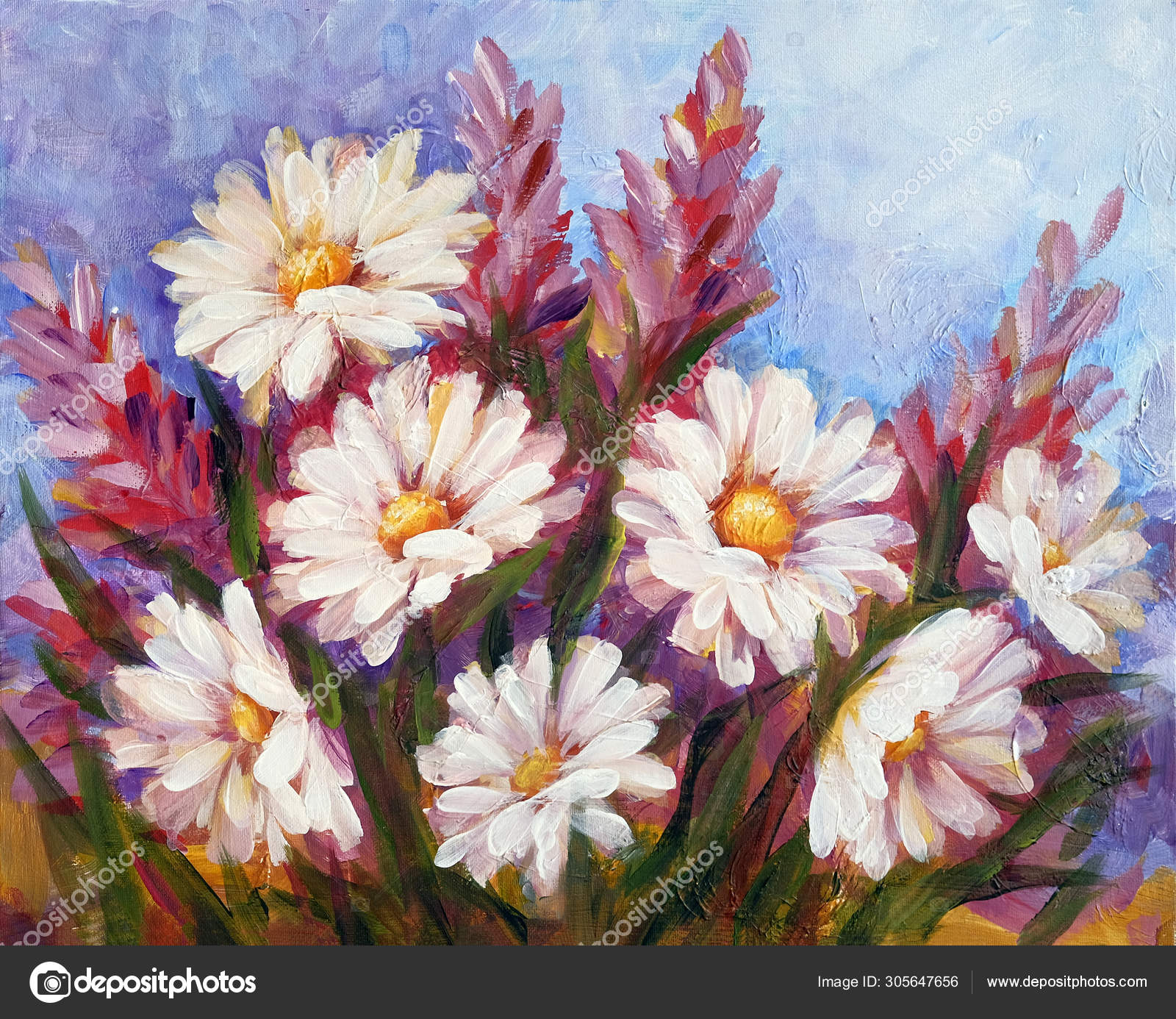 Wild Meadow Flowers With Daisies Bouquet Oil Painting Stock Photo C Valenty 305647656