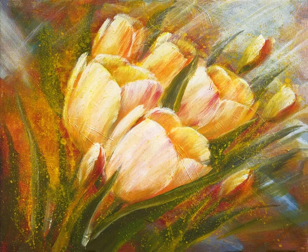 Jardim de tulipas amarelas. Pintura a óleo sobre tela — Fotografia de Stock