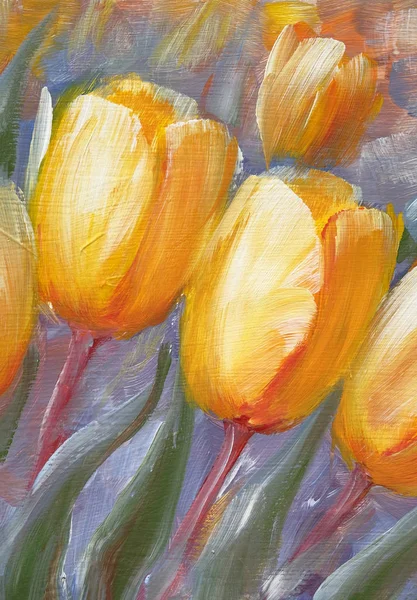 Giardino di tulipani gialli. Pittura ad olio su tela — Foto Stock