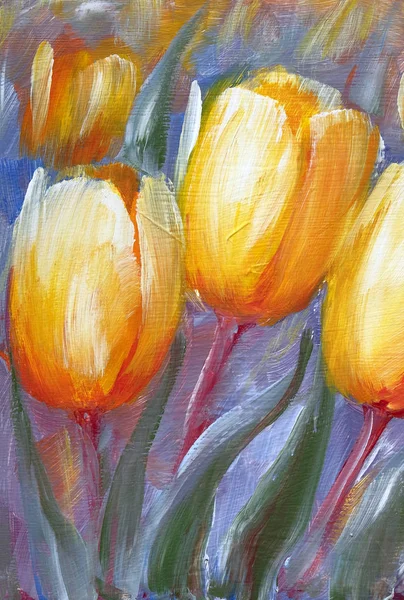 Yellow tulips garden. Oil painting on canvas
