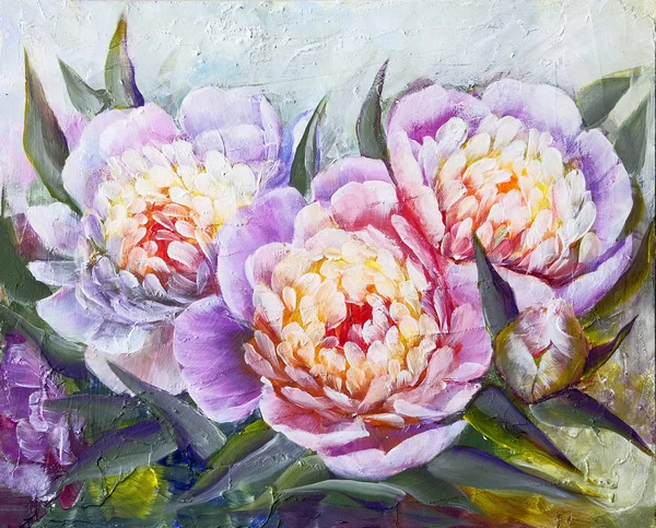 Bellissimi fiori Peonie, pittura a olio su tela — Foto Stock
