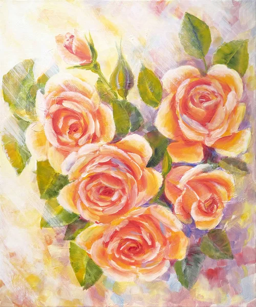 Bush av soliga rosor, oljemålning på duk — Stockfoto