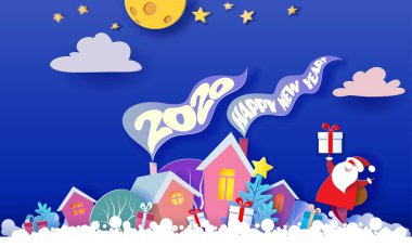 Komik kış köyü Noel kartı. Kağıt sanatı