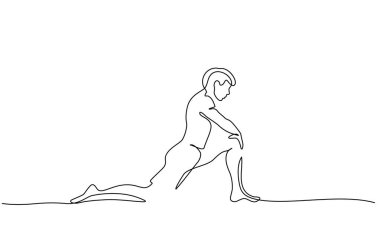 Bir çizgi çizen adam bacaklarını açıyor.