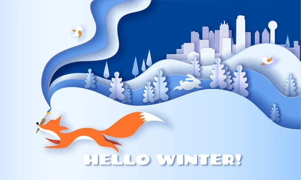 Horizontal banner Hello winter with Fox running — Stock Vector