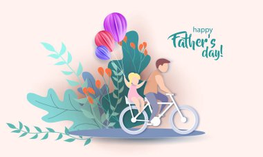 Kızıyla bisiklete binen genç bir adam. Babalar günün kutlu olsun. Kağıt kesim stili. Vektör illüstrasyonu