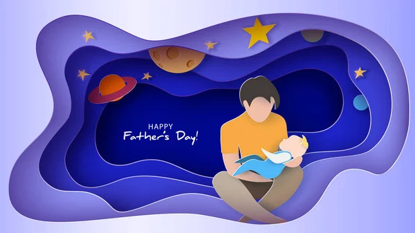 Young Man His Baby Dreaming Night Happy Fathers Day Card — Stock Vector