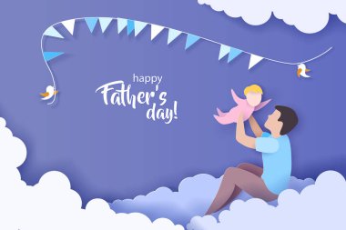 Genç bir adam bebeğiyle kağıt kesme oyunu oynuyor.