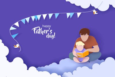 Küçük oğluyla kitap okuyan genç bir adam.