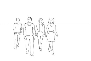 Sürekli bir çizgi çiziyor. Yürüyen bir grup insan