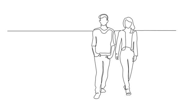Nepřetržitá kresba jedné čáry. Chodící pár muž a žena. — Stockový vektor
