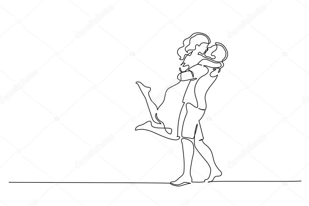 Happy couple hugging and kissing. One line drawing