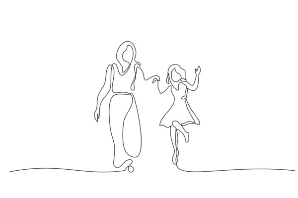 Mother and daughter walking together one line drawing — Stock Vector