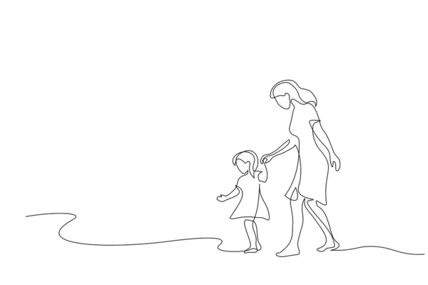 Madre e hija caminando juntas una línea de dibujo — Vector de stock