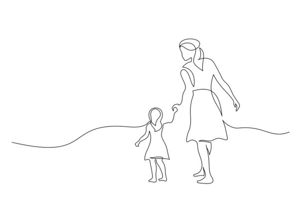 妈妈和女儿走在一起画了一条线 — 图库矢量图片