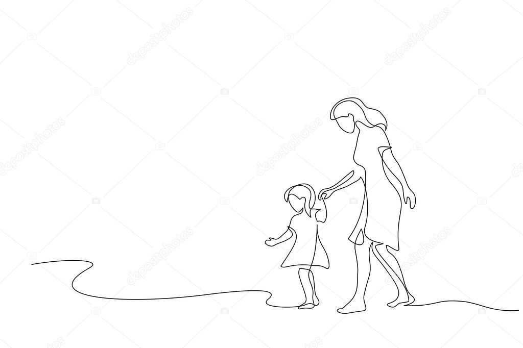 Mother and daughter walking together one line drawing