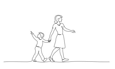 Mutlu anne ve chlid çocuk birlikte yürüyorlar