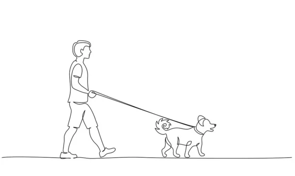 Disegno continuo di una linea. Giovane tenuta cane guinzaglio a piedi. — Vettoriale Stock